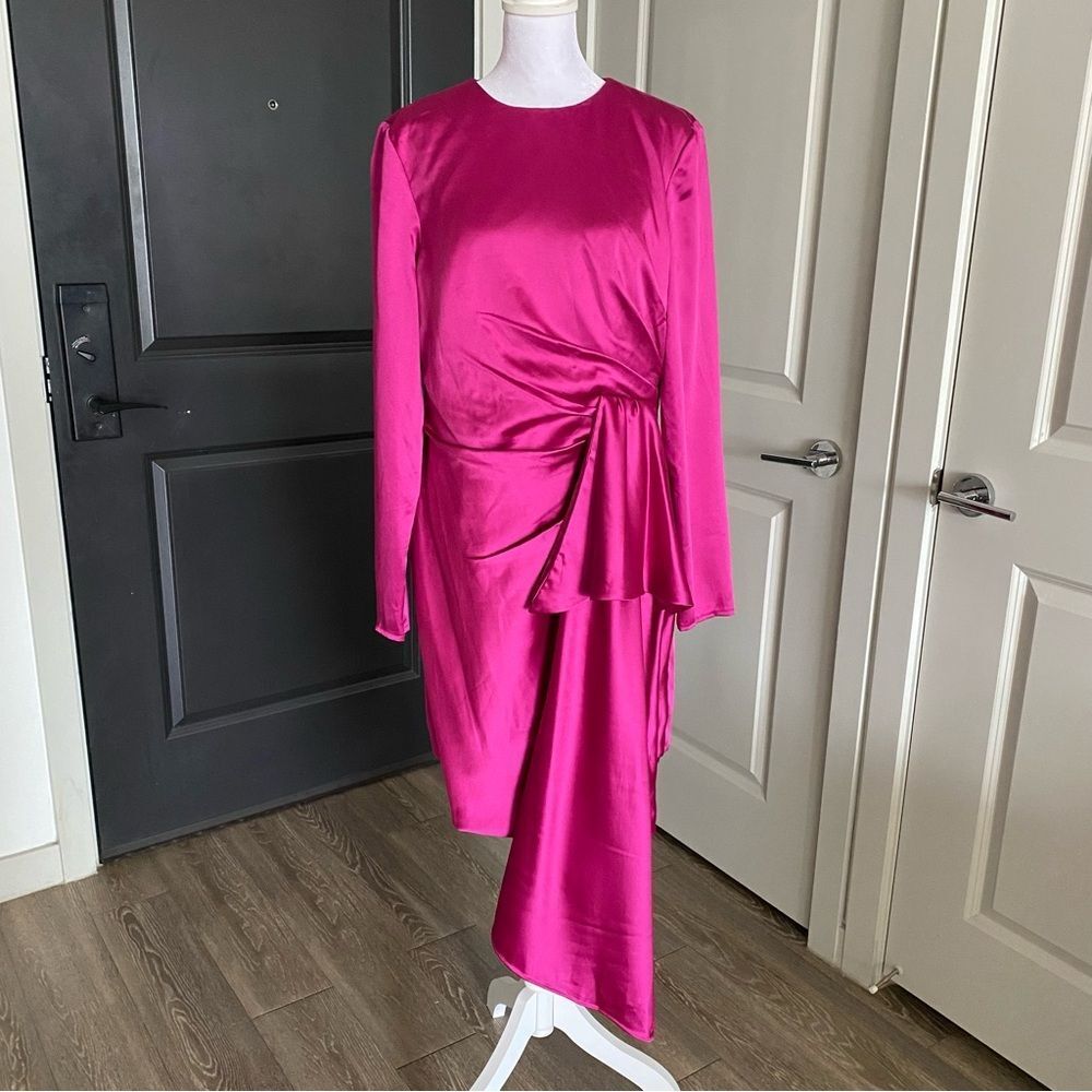 NWT Mac Duggal 26644 Pink Satin Asymmetrical Draped Cocktail Dress Size 12